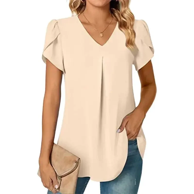 

Women Petal Short Sleeve Solid Color Shirt V Neck Pullover Blouse Female Simple Style Summer Korean Casual Office Commuter Tops