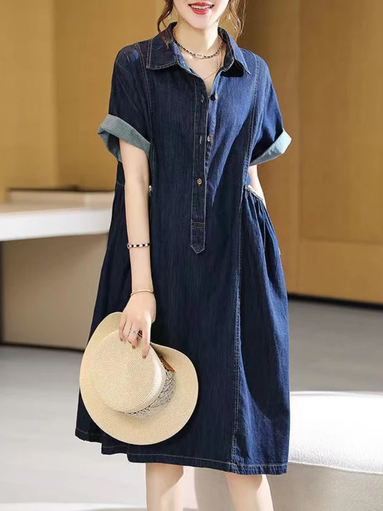 Women's Dress Summer New 2023 LOOSE Vintage Dress Streetwear Lapel Denim Dress Korean Style Pocket Oversize Midi Dresses
Women's Dress Summer New 2023 LOOSE Vintage Dress Streetwear Lapel Denim Dress Korean Style Pocket Oversize Midi Dresses