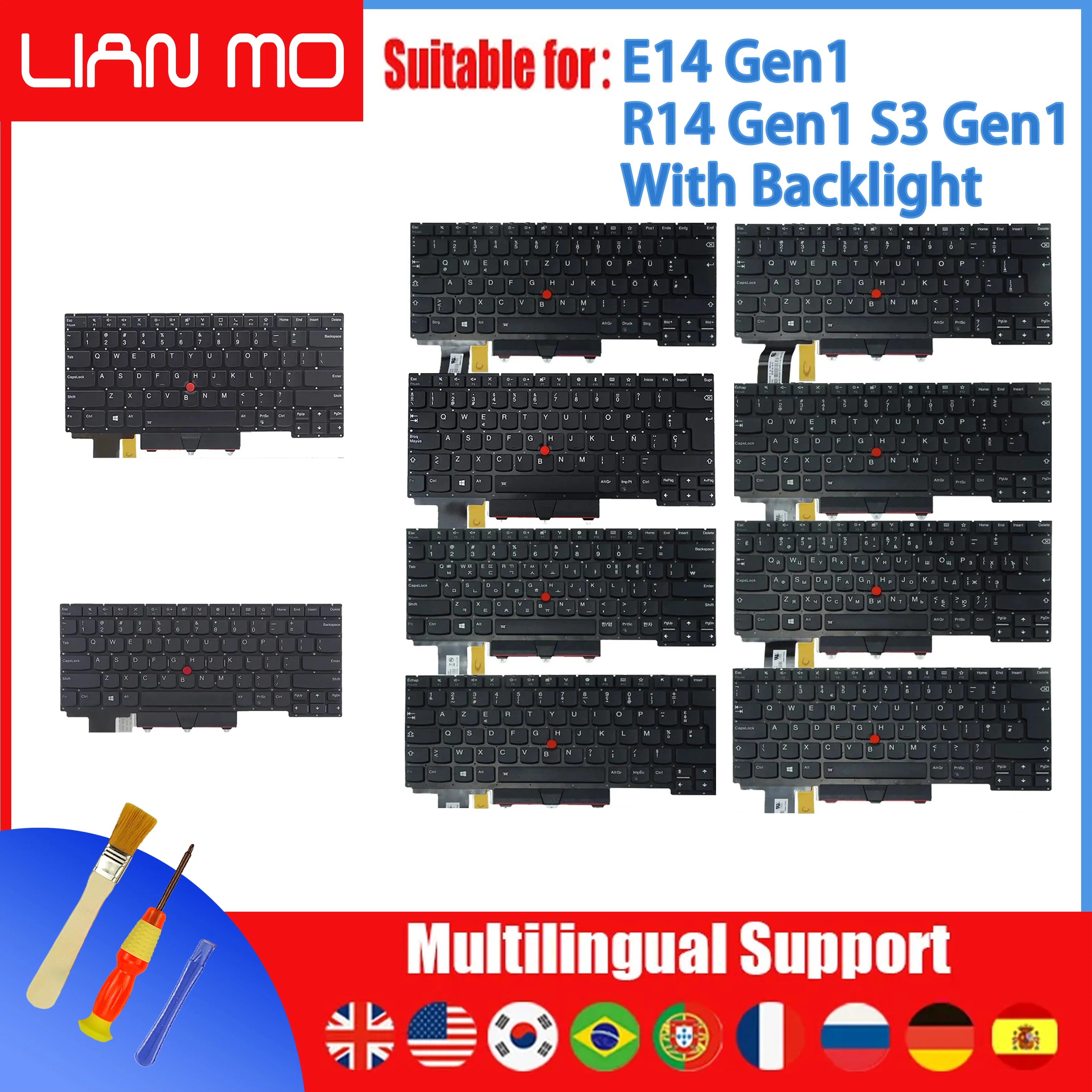 

UK US KR BR ES PT FA DE RU Backlit keyboard for Lenovo ThinkPad E14 R14 S3 Gen1 Without C CASE requires soldering 01XY017