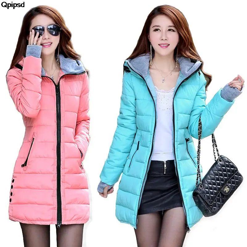 

2023 Women Winter Hooded Warm Coat Candy Color Cotton Padded Jacket Female Long Parka Womens Wadded Jaqueta Feminina