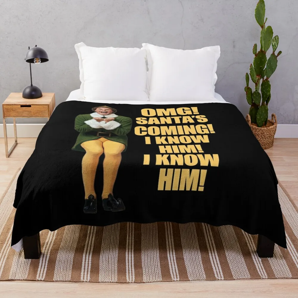 

OMG!! SANTA'S COMING I KNOW HIM!I KNOW HIM!! Elf Christmas Movie Buddy Will Ferrell yellow Throw Blanket Soft Plaid Blankets