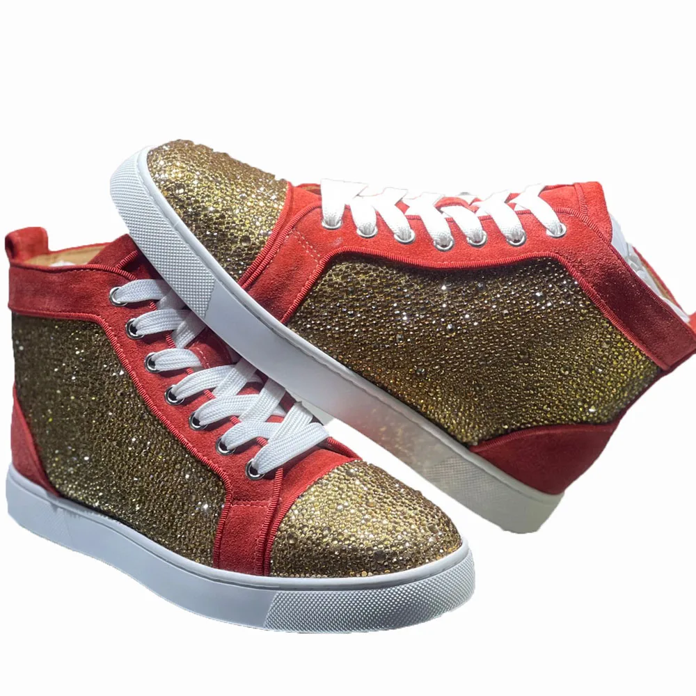 

Модная брендовая обувь с высоким верхом и красной подошвой для мужчин, роскошные кроссовки, обувь для вождения с шипами, искусственная замша, натуральная кожа