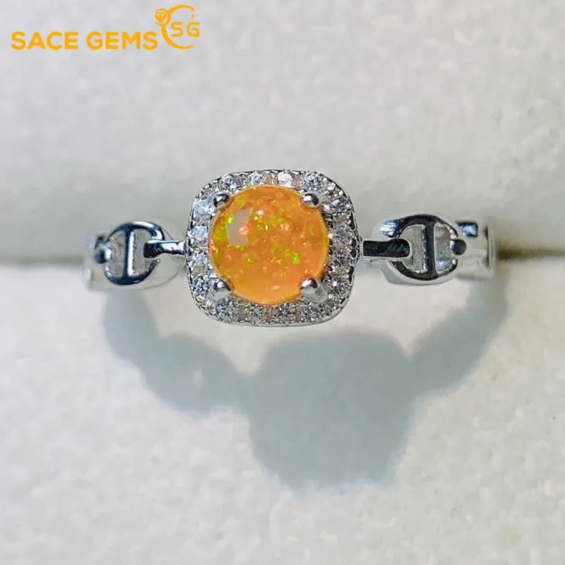 

SACEGEMS New Luxury Certified 5*5MM Natural Opal Ring S925 Sterling Sliver Plated 18k White Gold Wedding Jewelry Rings for Woman