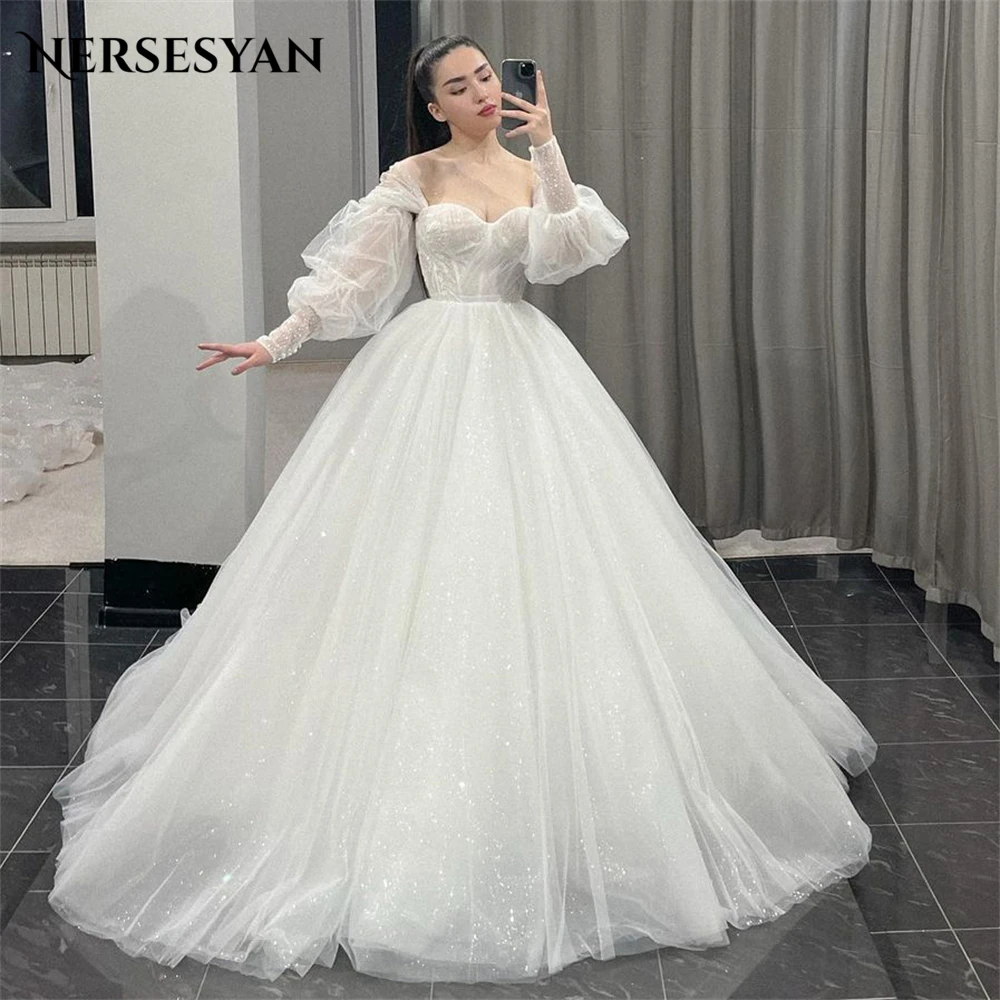 

Nersesyan Glitter Elegant Wedding Dressees Off Shoulder A-Line Puff Sleeves Sparkly Pleats Bridal Gowns Princess Bride Dress