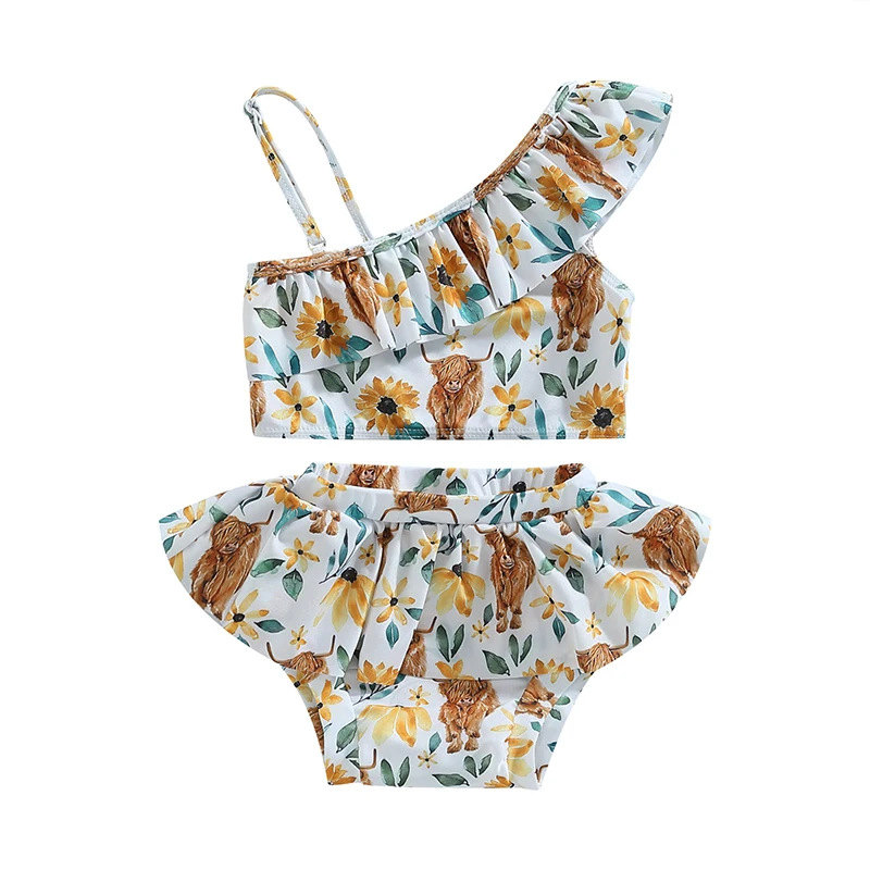 

Kids Girl Swimsuits Summer Floral Cow Print One Shoulder Camisole and Elastic Shorts Set Two Piece Bathing Suits