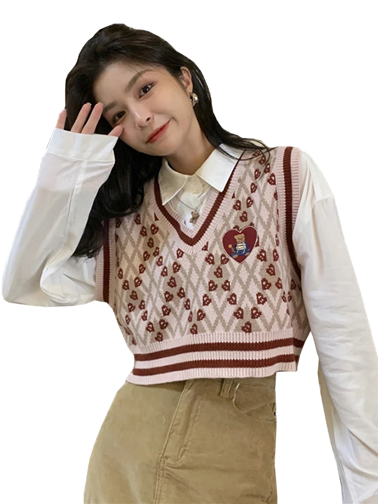Autumn Winter Heart Pattern Knitted Vest Sweater Casual Retro V-neck Teen Girls Tank Top Korean Fashion Female Short Outwear
Autumn Winter Heart Pattern Knitted Vest Sweater Casual Retro V-neck Teen Girls Tank Top Korean Fashion Female Short Outwear