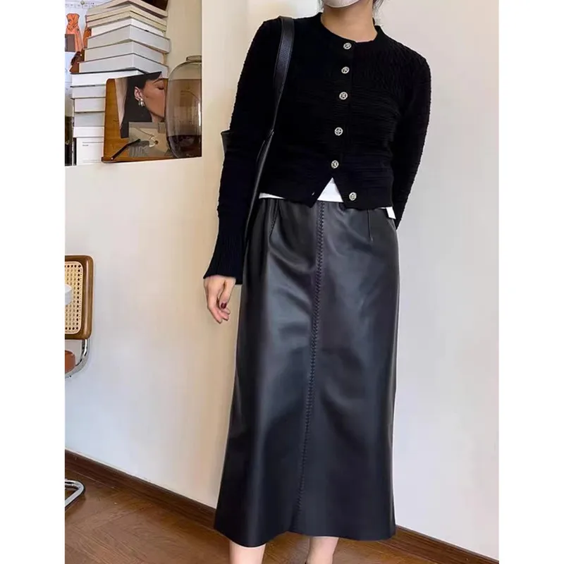 

Sheepskin Real Leather Skirt Female Spring And Autumn Long Genuine Skirt High Waist All Matching Straight Tube Slit Hip Hugging