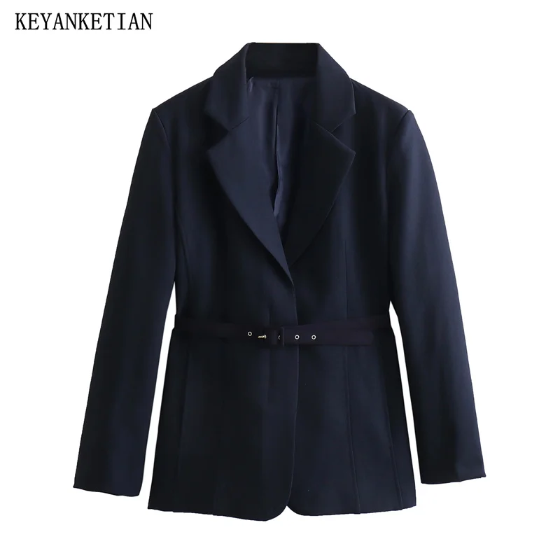 

KEYANKETIAN 2024 New Launch Women's With Belt Suit Spring Seam Detail Design Office Lady Navy Blue Slim Outerwear Female Top