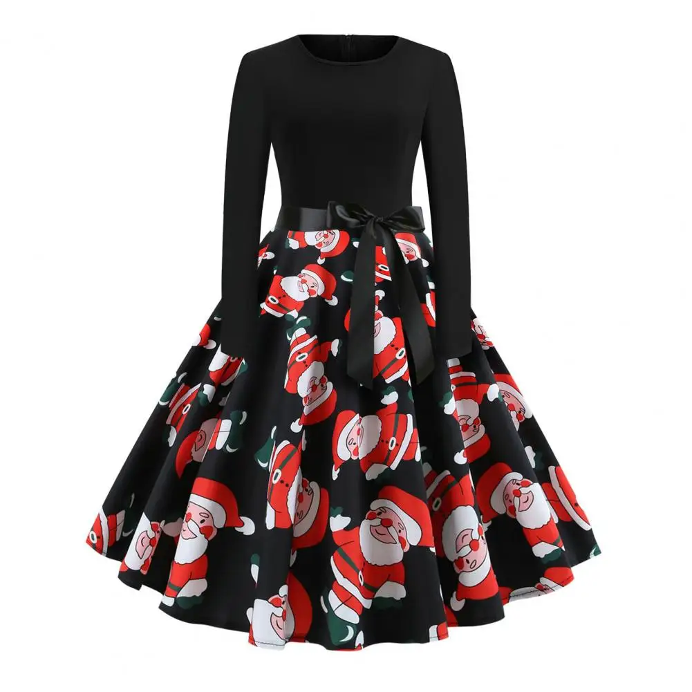 

Christmas Dress Holiday Party Dress Cartoon Santa Claus Print Christmas Party Dress for Women A-line Loose Hem Long Sleeve Midi