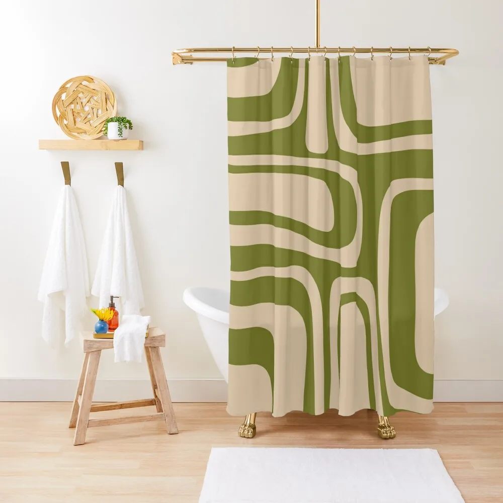 

Palm Springs Retro Midcentury Modern Abstract Pattern in Mid Mod Olive Green and Beige Shower Curtain