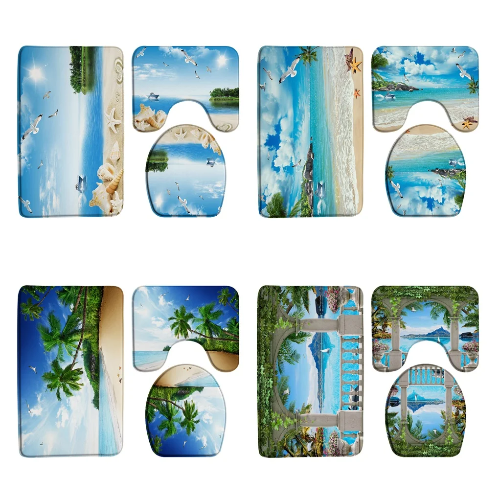 

Ocean Landscape Bath Mat Sets Beach Coconut Tree Starfish Conch Summer Scenery Bathroom Decor Carpet Non-Slip Rugs Toilet Cover