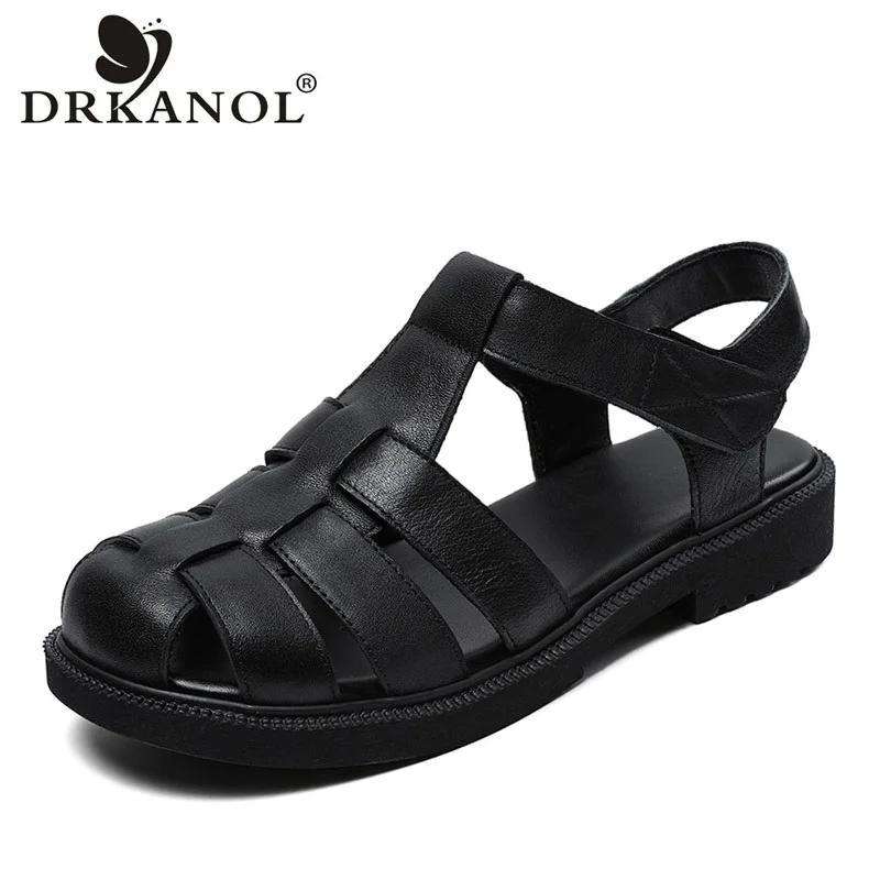 

DRKANOL 2023 Concise Women Flat Sandals Summer Hook&Loop Genuine Leather Handmade Low Heel Soft Bottom Casual Roman Sandals Lady
