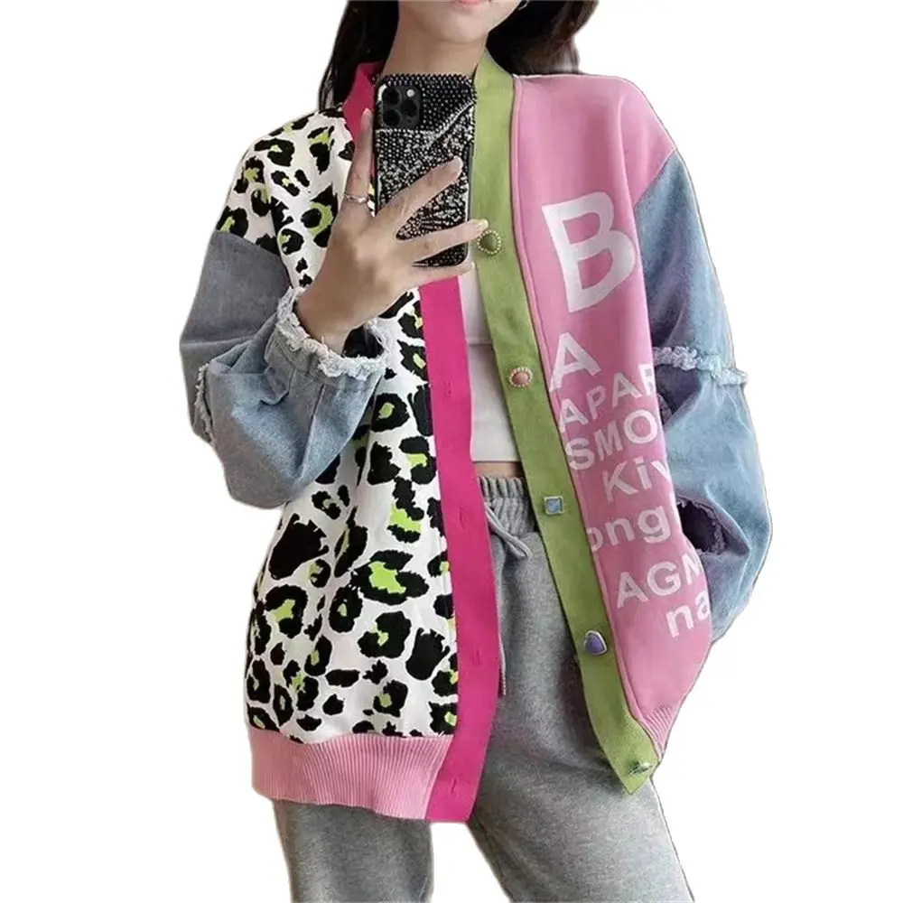Fashion Euro-American Lazy Style Women/Girl V-Neck Leopard Jacquard Cowboy Splicing Single-Breasted Loose Cardigan Sweater
Fashion Euro-American Lazy Style Women/Girl V-Neck Leopard Jacquard Cowboy Splicing Single-Breasted Loose Cardigan Sweater