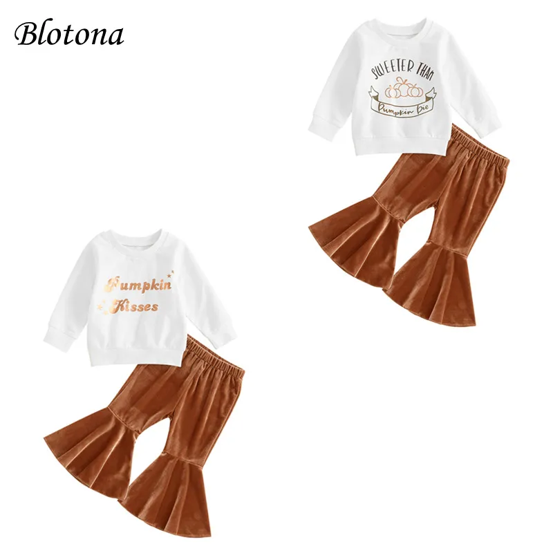 

Blotona Toddler Girl Fall Clothes Set Letter & Pumpkin Print Long Sleeve Crewneck Pullovers Flare Pants Halloween Outfit 6M-4Y