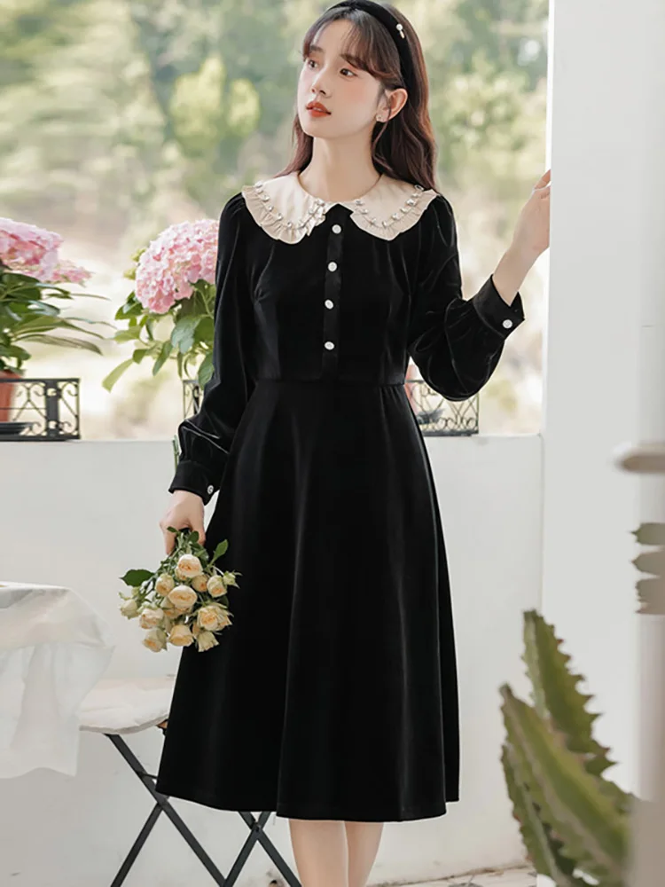 

Autumn Winter Black Velvet Hepburn Prom Clothes Women Elegant Diamonds Long Dress 2024 Korean Chic Bodycon Party Evening Dresses