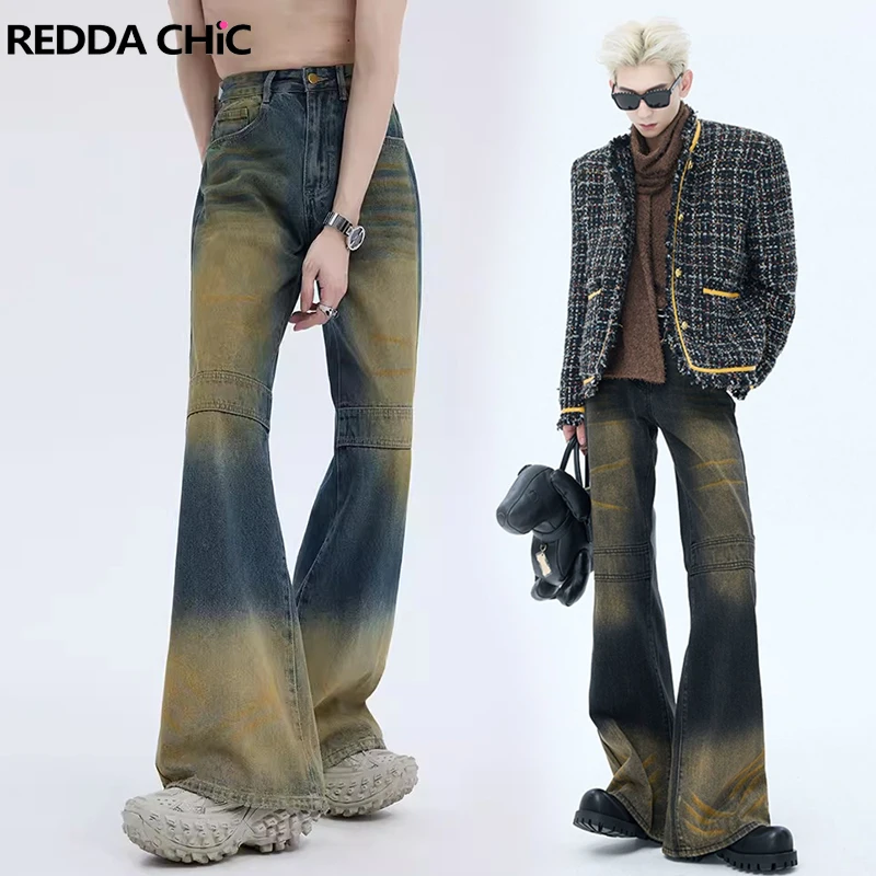 

REDDACHIC Patchwork Vintage Wash Flare Jeans Men Relaxed Ombre Whiskers Denim Bootcut Pants Bell Bottoms Korean Y2k Streetwear
