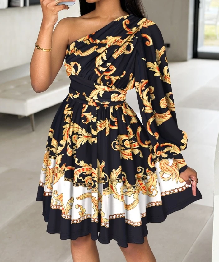 

2024 Women's Dress Elegant Baroque Print Colorblock Slant Shoulder Waist One Shoulder Long Sleeve Dress Casual A Line Mini Dress