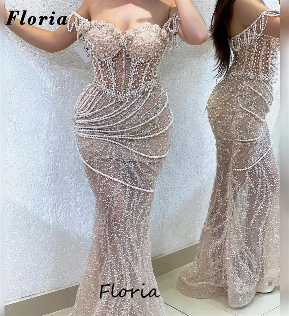 

Custom Made Pearls Mermaid Party Dresses For Women Off Shoulder Beading Engagement Dress Plus Size Dubai Cocktail Evening Gowns