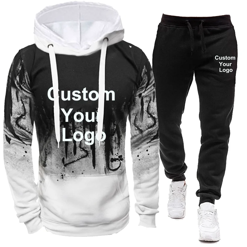 

2024 Men's Customized Speckled Ink Hoodie Long Pants Two Piece Set Customized Your Logo Long Sleeve Hoodie Sports Pants Set