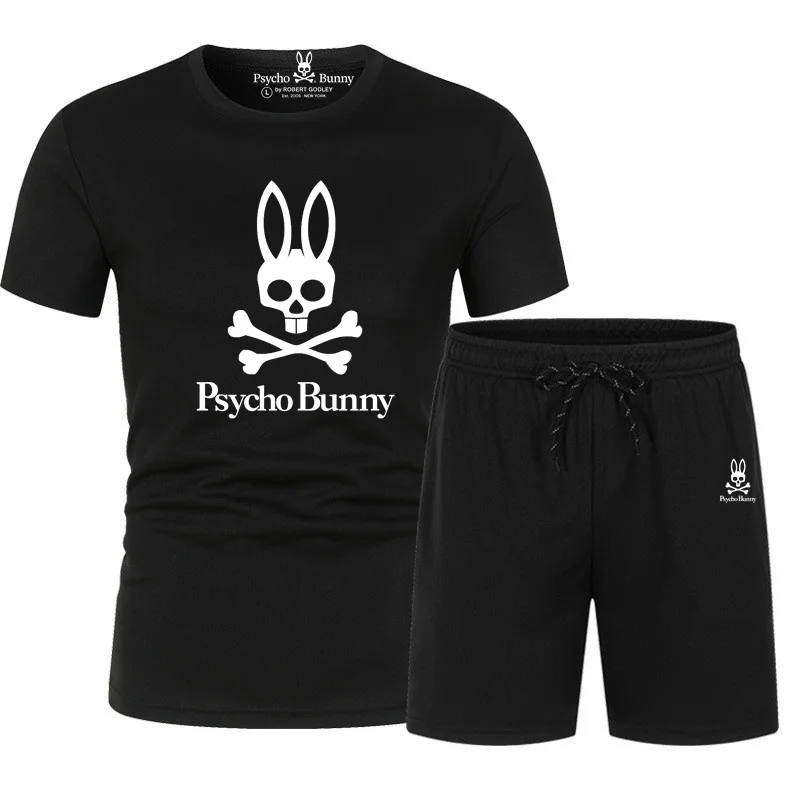 

2023 Summer New Psycho Bunny Print Men's Short Sleeve T-shirt Set 2-piece High Quality Fashion Casual Sports Shorts