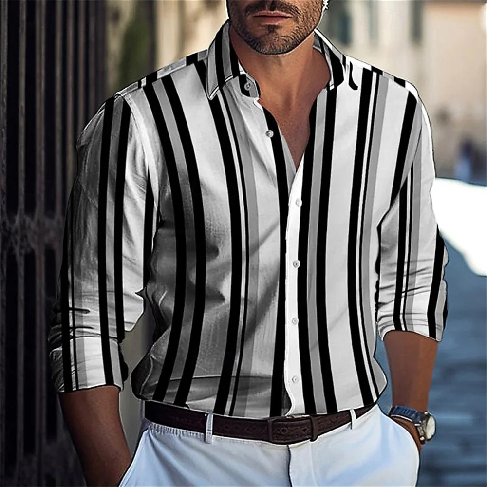 

Men's New Gradient Stripe Spliced Polo Collar Cardigan Shirt Fashionable Daily Street Wear Comfortable Soft Fabric Top Plus Size