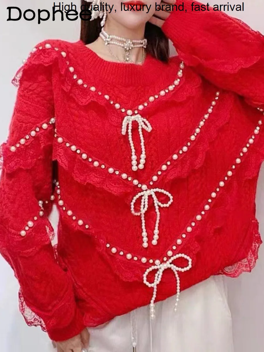 Beads French Heavy Tassel Red Knitted Coat Women Autumn Winter Idle Style Sweet Lotus Leaf Sweater Pullover Tops
Beads French Heavy Tassel Red Knitted Coat Women Autumn Winter Idle Style Sweet Lotus Leaf Sweater Pullover Tops