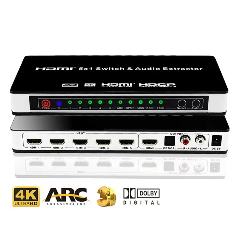 4K HDMI Switch Audio Extractor 5 in 1 out HDMI Audio Extractor HDMI Switcher with Optical L/R Audio out with Remote ARC Function
4K HDMI Switch Audio Extractor 5 in 1 out HDMI Audio Extractor HDMI Switcher with Optical L/R Audio out with Remote ARC Function