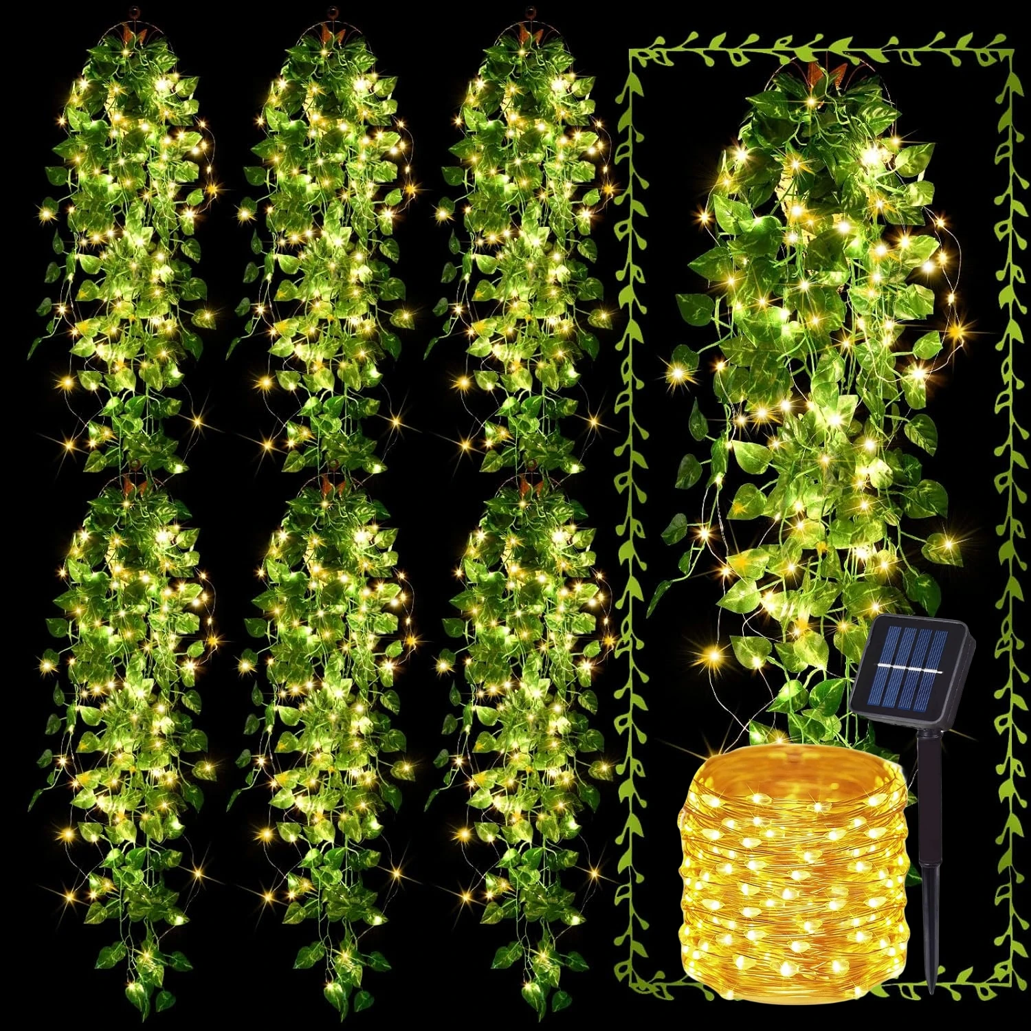 

2 Pieces Artificial Hanging Plants 3.3 ft Fake Ivy Vine Leaves with Solar 200 LED Strings for Wall Home Garden Wedding Garland O