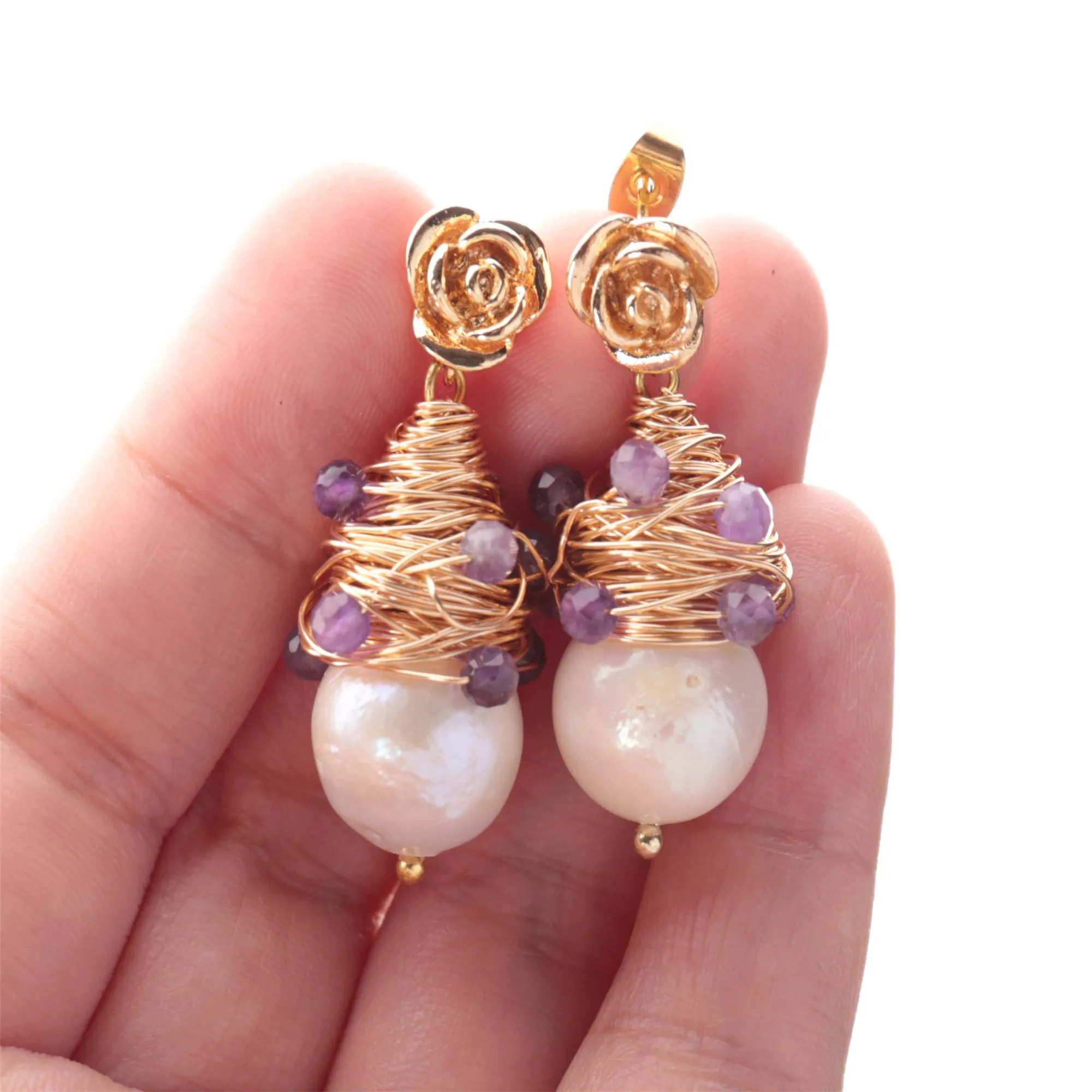 

White Baroque Pearl Earrings Amethyst bead 18k Ear Drop Children Men Modern Anniversary Handmade Art Gemstone Clip-on Ear Cuff