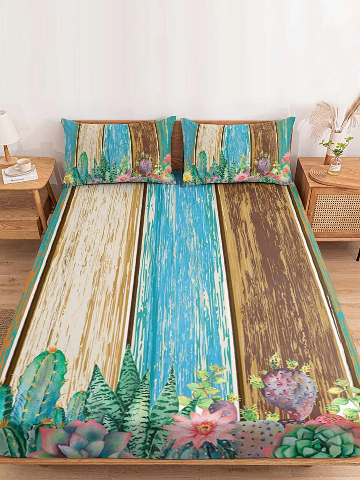 

Blue Green Wood Grain Cactus Polyester Fitted Sheet Mattress Cover Four Corners Elastic Band Bed Sheet Pilllowcase