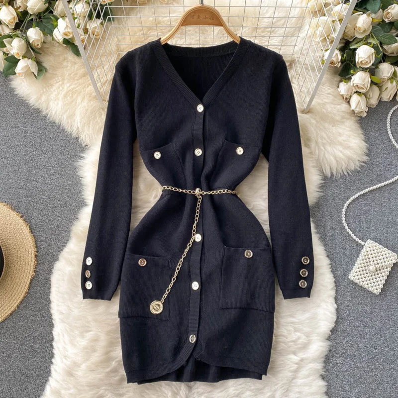 Korean Fashion Casual Chic Knitted Sweater Dress Women Single Breasted Mini Slim Dress With Belt Party Bottomed New 2022
Korean Fashion Casual Chic Knitted Sweater Dress Women Single Breasted Mini Slim Dress With Belt Party Bottomed New 2022