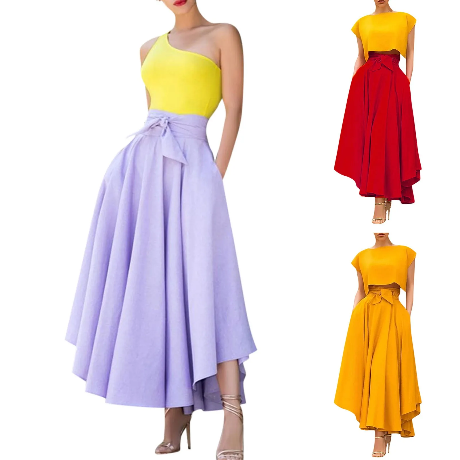 

Women'S High Waist Halfskirt Pleated Long Ruffle Flare Loose Summer Dress Large Hem Holiday Dress Solid Color Halfskirt Faldas