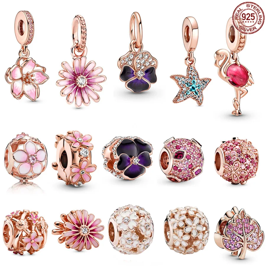 

Rose Gold Plated 925 Sterling Silver Pink Daisy Flower Glass Flamingo Charm Beads Fit Original Pandora Bracelet DIY Jewelry Gift