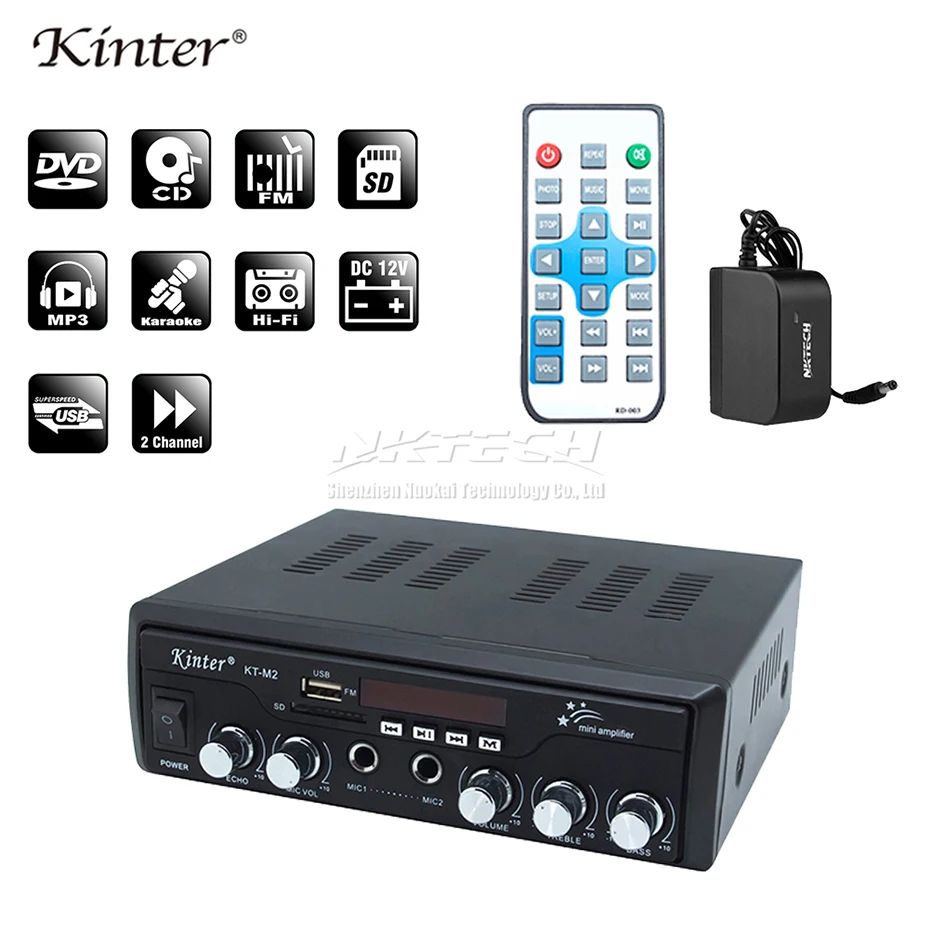 

Power Amplifier Kinter KT-M2 Digital Audio Video Player 2x 25W Hi-Fi Stereo 2-MIC BASS USB SD MP3 FM DC12V 220-240V Karaoke MP4