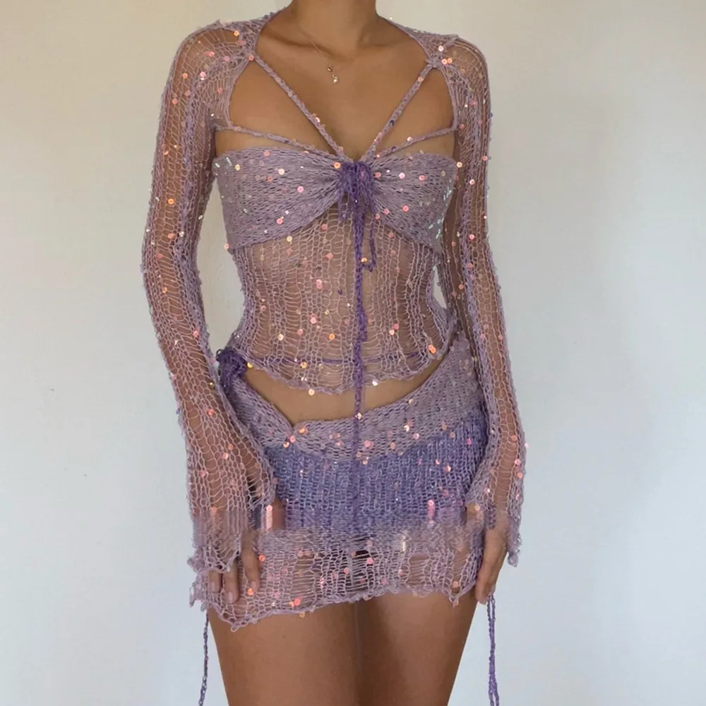 Sexy 3 Piece Sets Summer Cover Ups Knitted Crochet Sweater Night Club Outfit Sequined Dresses Long Sleeve Party Mini Dress Suits
Sexy 3 Piece Sets Summer Cover Ups Knitted Crochet Sweater Night Club Outfit Sequined Dresses Long Sleeve Party Mini Dress Suits