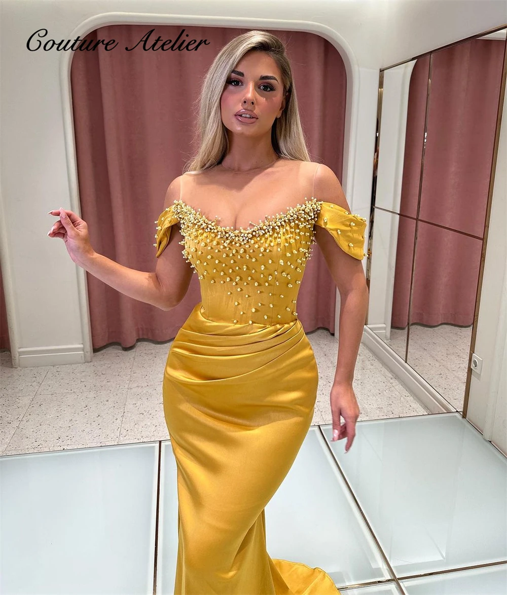 New Design Beaded Pearls Gold Mermaid Evening Dresess Off The Shoulder 2024 Sleeveless Satin Special Occasion Gowns To A Party
New Design Beaded Pearls Gold Mermaid Evening Dresess Off The Shoulder 2024 Sleeveless Satin Special Occasion Gowns To A Party