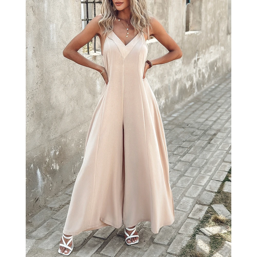 

Women Ruched Wide Leg Jumpsuit Summer Femme Solid Color Tied Detail Elegant Spaghetti Strap Fashion V-Neck Loose Outfits