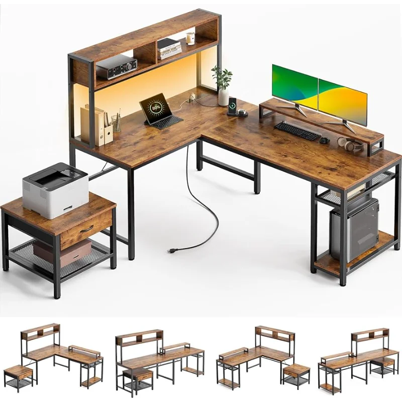 

Компьютерный стол Marsail L-образной формы с выходом питания и светодиодной лентой, двусторонний угловой стол с полкой для хранения и подставкой для монитора, L-образная форма