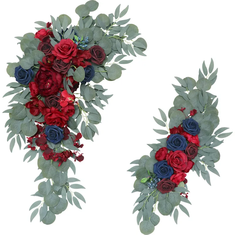 

Wine Red Blue Artificial Rose Wedding Arch Corner Flower Decor Welcome Area Sign Decor Flower Stage Backdrop Layout Wall Hanging