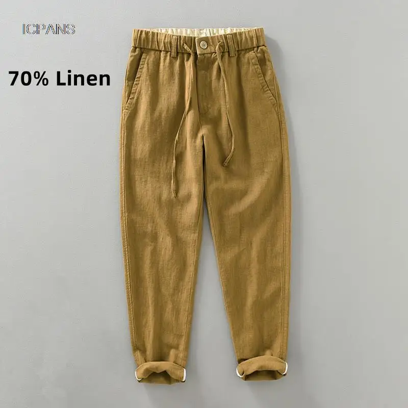 

70% Linen Harem Casual Pants Men 30% Cotton Clothing Vintage Breathable Straight Khaki Trousers for man 2023 Spring Summer