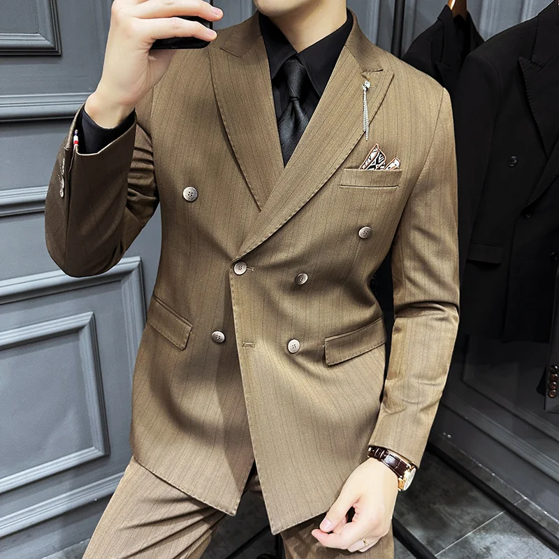 

( Blazer+Vest+Pants ) Men Stripe Suit Formal Business Double Breasted Groom Wedding Dress Suit Two Piece Host Banquet Tuxedo