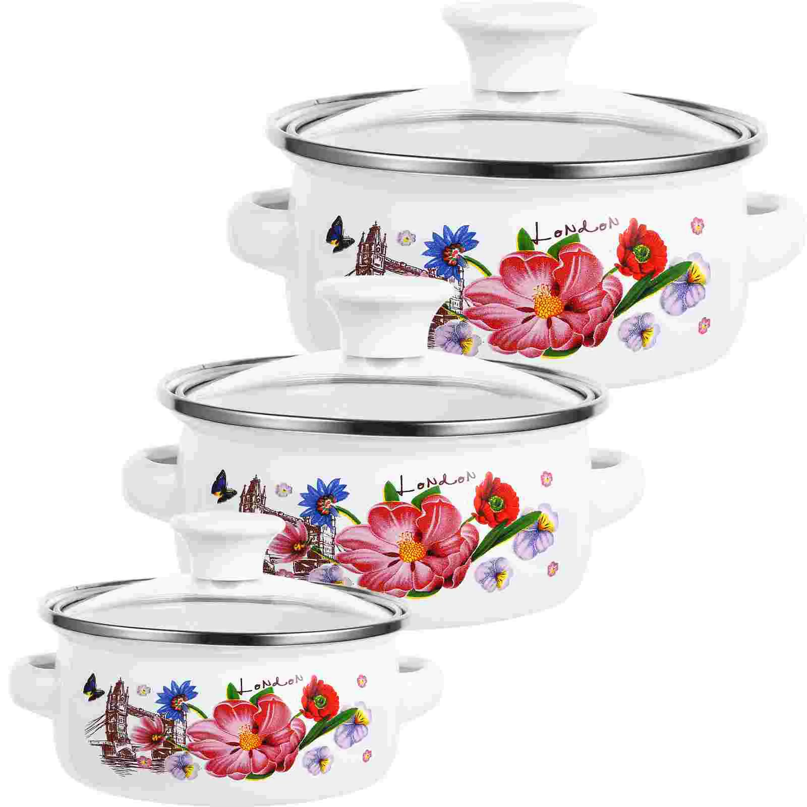 

Kitchen Enamel Stockpot Lid 3Pcs Retro Flower Stew Bean Cooking Pot Vintage Soup Pot Handles Nonstick Simmer Pot