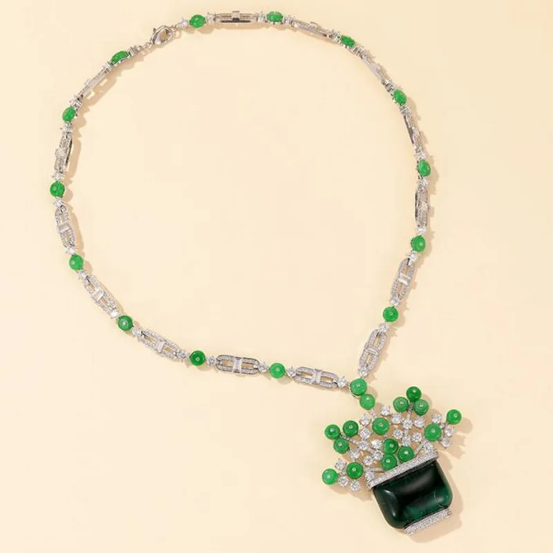 

Europe America Luxurious Style Women Lady Settings Tiny Czech Zircon Green Stone Silver Color Evening Party Necklace