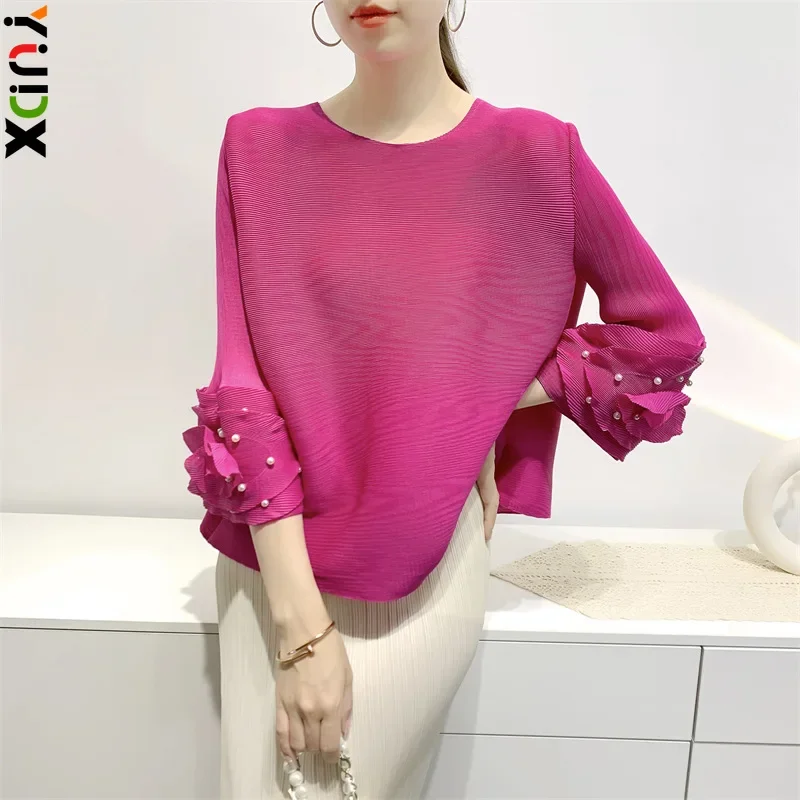 

YUDX Miyake T-shirt Tops Women Sleeves Carven Design Beaded Loose Pleated Clothes Toothpick Pleated Comfort Casual Top 2023 New