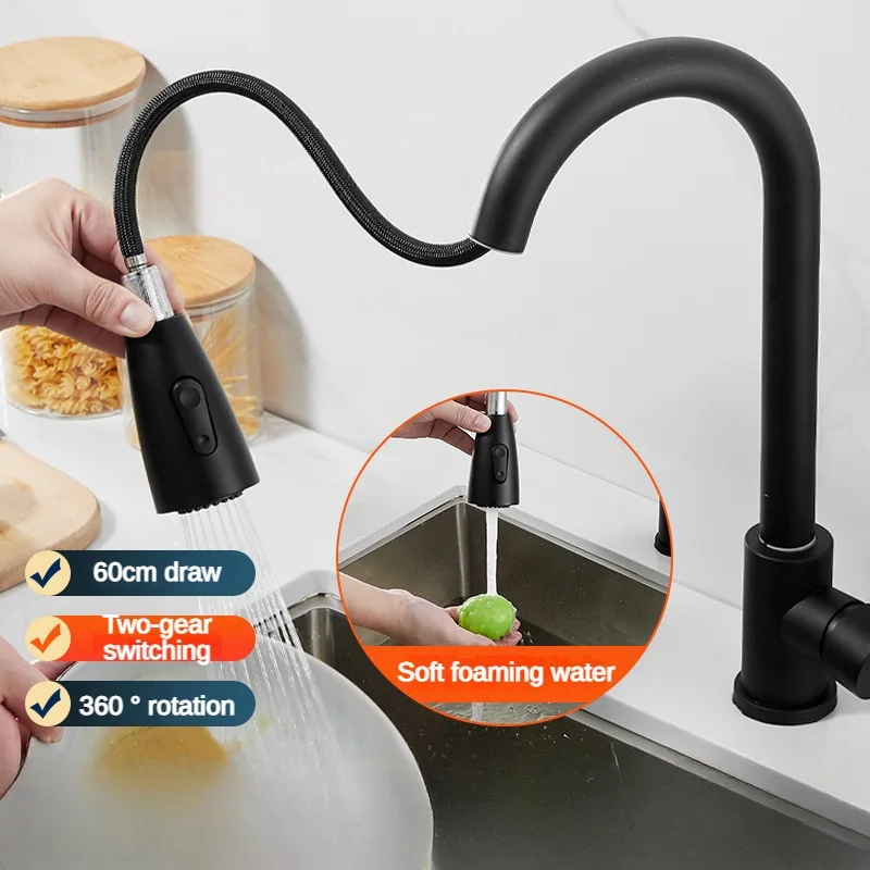 

Single Hole Pull Out Kitchen Sink Mixer Tap 2 Function Stream Sprayer Faucet Stainless Steel Rotatable Hot Cold Water Taps