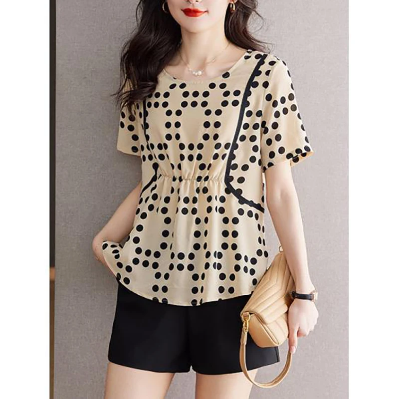 

Elegant O-Neck Spliced Folds Polka Dot Chiffon Blouses Women's Clothing 2024 Summer New Loose Chic Tops Office Lady Shirts