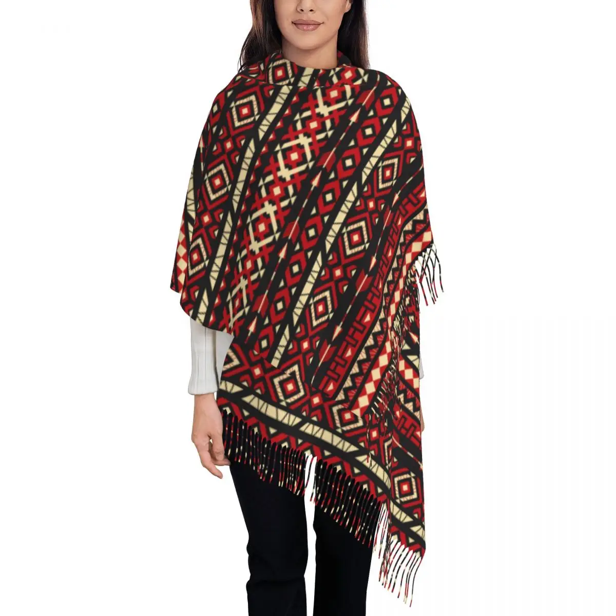 

Women Tassel Scarf Tribal Aztec Ethnic Long Soft Warm Shawl Wrap Traditional Oriental Folk Motives Tribal Ethnic Cashmere Scarf