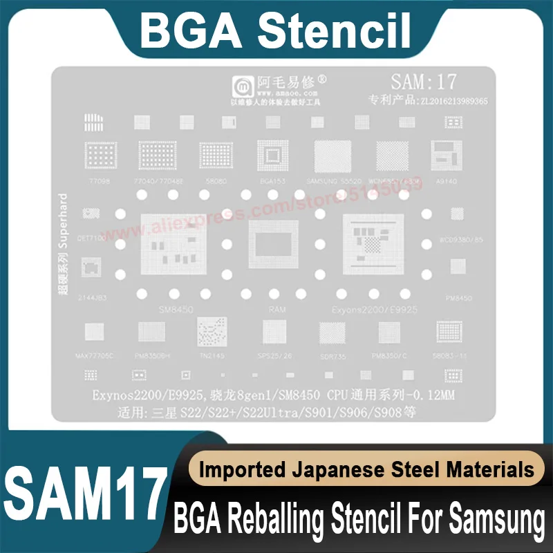 Трафарет для реболлинга BGA для Samsung S20 Plus Ultra S901 S906 S908 Exynos 2200 E9925 SM8450, трафарет для пересадки оловянных бусин для процессора
Трафарет для реболлинга BGA для Samsung S20 Plus Ultra S901 S906 S908 Exynos 2200 E9925 SM8450, трафарет для пересадки оловянных бусин для процессора