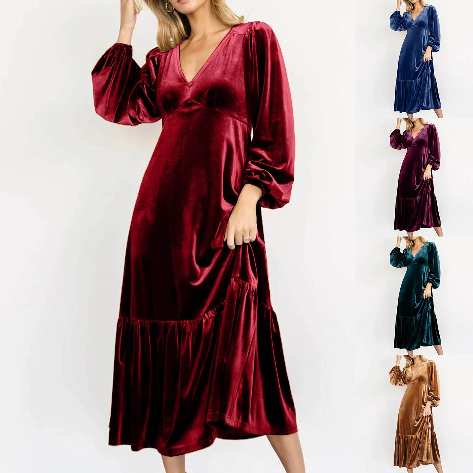 Women's V Neck Waist Cinching Puff Sleeve Velvet Ruffle Long Dress sweet Vestido
Women's V Neck Waist Cinching Puff Sleeve Velvet Ruffle Long Dress sweet Vestido