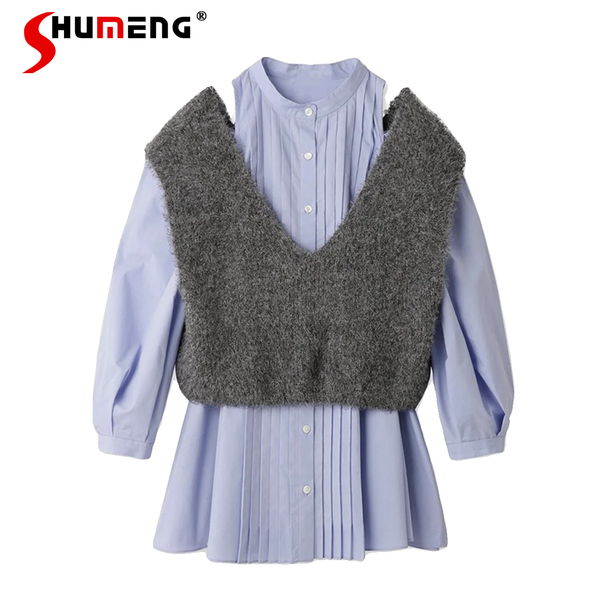 2023 Autumn Winter New Women's Clothing Off-Shoulder Pleated Puff Sleeve Shirt Knitted Vest Suit Single-breasted Blusas De Mujer
2023 Autumn Winter New Women's Clothing Off-Shoulder Pleated Puff Sleeve Shirt Knitted Vest Suit Single-breasted Blusas De Mujer